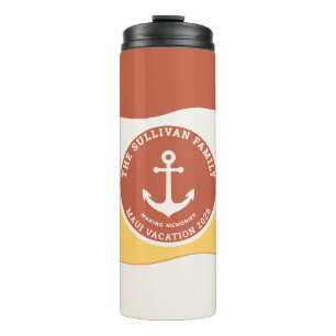 Retro Sunset Coral Family Vacation Anchor Badge Thermal Tumbler