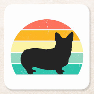Retro Sunset Corgi Square Paper Coaster