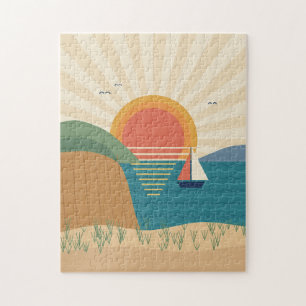 Retro Sunset Cove Seaside Print Jigsaw Puzzle