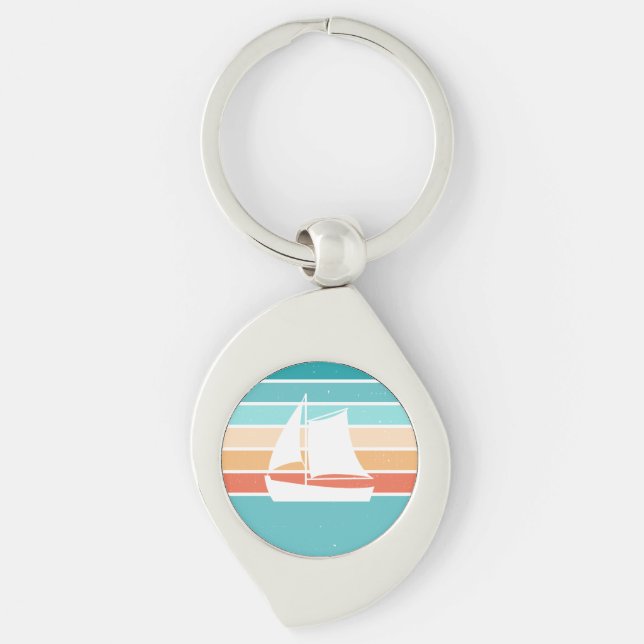 Retro Sunset Distressed Effect + Sailboat Key Ring (Front)