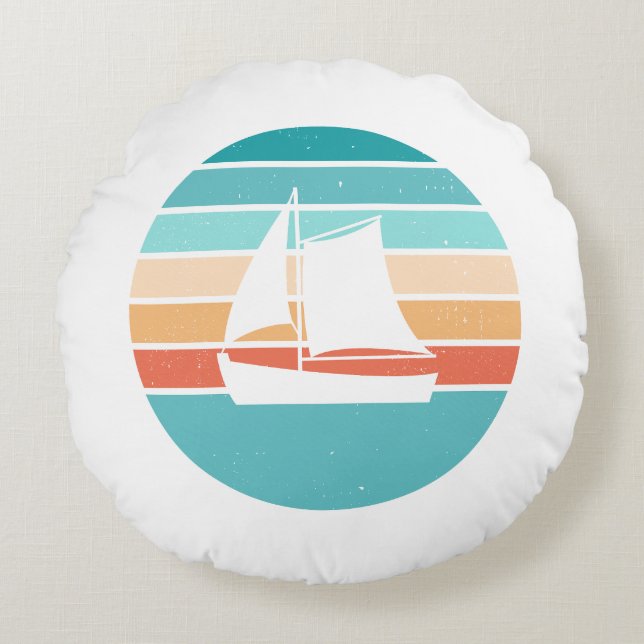 Retro Sunset Distressed Effect + Sailboat Round Cushion (Front)