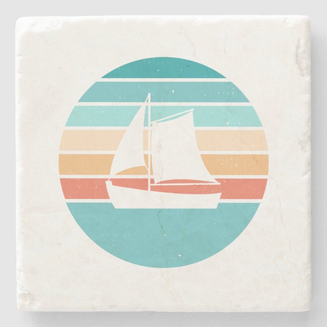 Retro Sunset Distressed Effect + Sailboat Stone Coaster (Front)