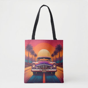 Retro Sunset Drive with Classic Car Tote Bag