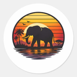 Retro Sunset Elephant Silhouette Classic Round Sticker