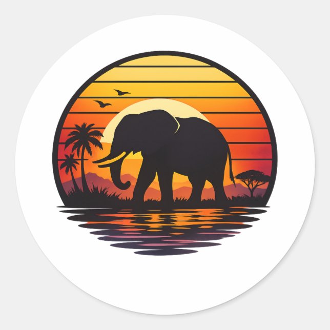 Retro Sunset Elephant Silhouette Classic Round Sticker (Front)