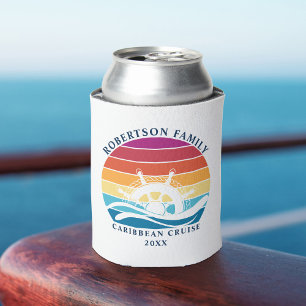 Retro Sunset Family Cruise Ship Wheel Can Cooler