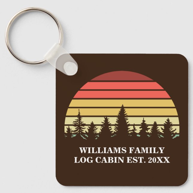 Retro Sunset Forest Custom Log Cabin Brown Key Ring (Front)