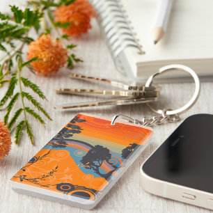 Retro Sunset Forest Landscape Abstract Key Ring