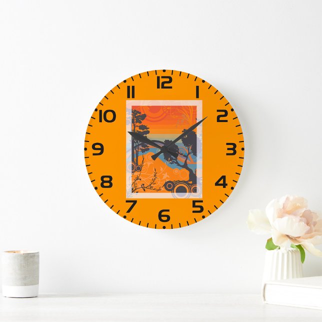Retro Sunset Forest Landscape Abstract Large Clock (Creator Uploaded)