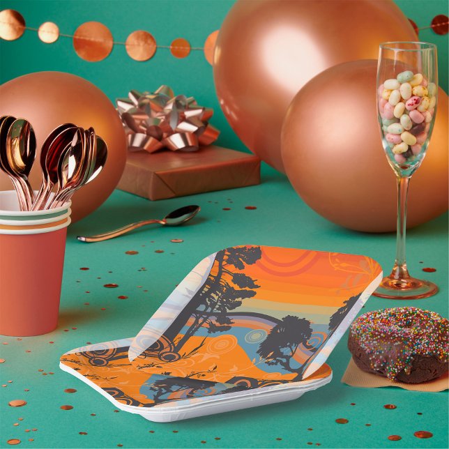 Retro Sunset Forest Landscape Abstract Paper Plate (Creator Uploaded)