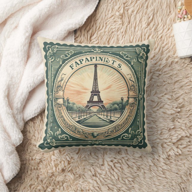 Retro Sunset French Eifel Tower Paris France Green Cushion (Blanket)