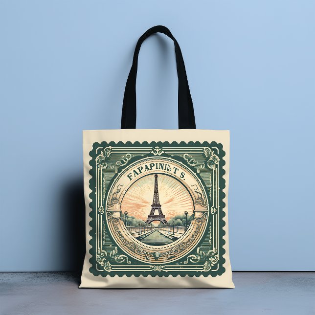 Retro Sunset French Eifel Tower Paris France Green Tote Bag (Creator Uploaded)