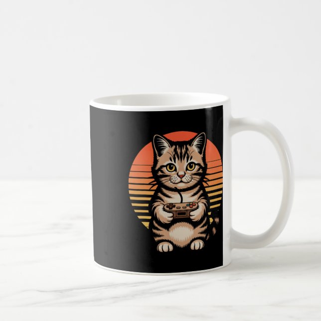 Retro Sunset Gamer Cat Gamepad Kitten Playing Vide Coffee Mug (Right)