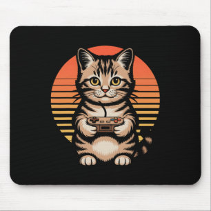 Retro Sunset Gamer Cat Gamepad Kitten Playing Vide Mouse Pad