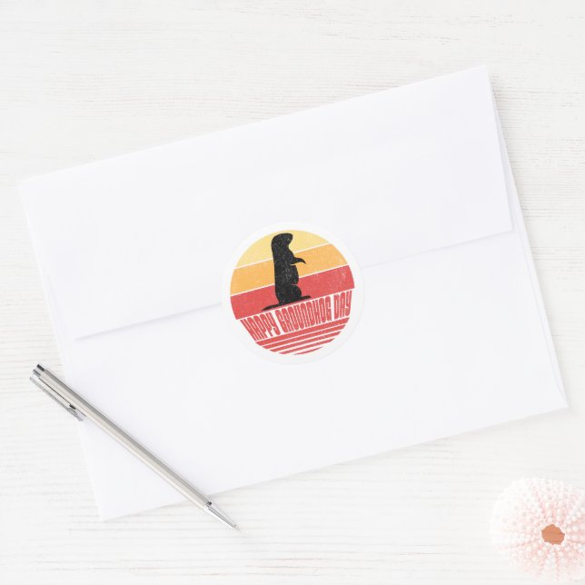 Retro Sunset Groundhog Day Classic Round Sticker (Envelope)