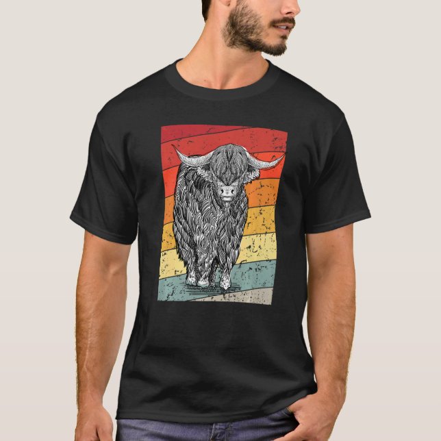 Retro Sunset Highland Cows Women Girls Cow T-Shirt (Front)