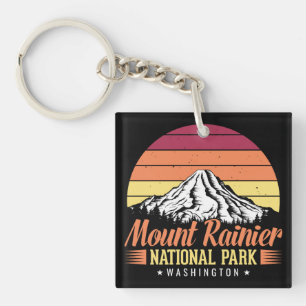 Retro Sunset Mount Rainier Washington Illustration Key Ring