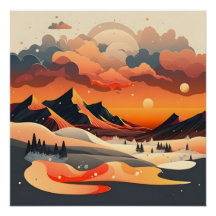 Retro Sunset Mountain Landscape