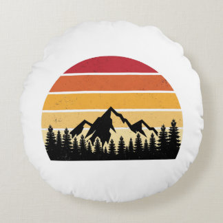 Retro Sunset Mountain Landscape | Vintage Nature Round Cushion