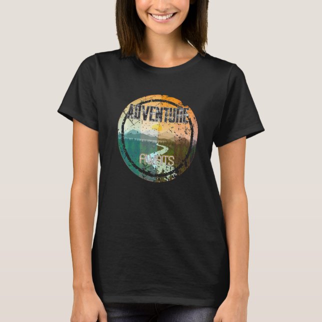 Retro Sunset Natural Lake Mountain Adventure Await T-Shirt (Front)