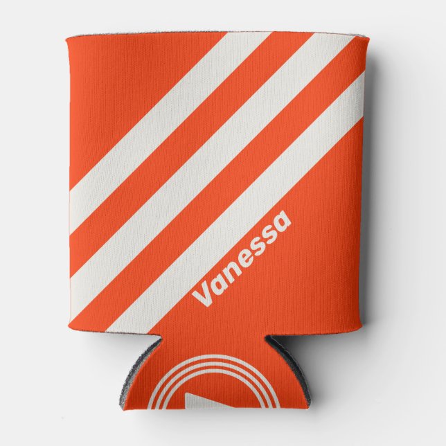 Retro Sunset Orange Three Stripes with Name Can Cooler (Front)