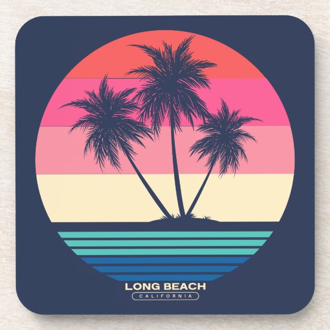 Retro Sunset Palm Trees Long Beach Coaster (Front)