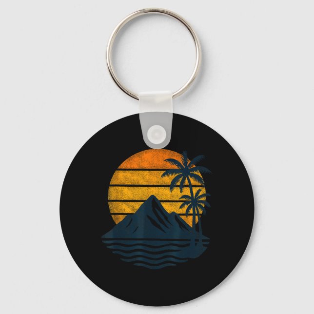 Retro Sunset Palm Trees Mountains Sea Beach Key Ring (Front)