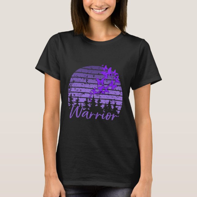 Retro Sunset Purple Butterfly Fibro Lupus Warrior  T-Shirt (Front)