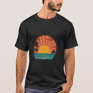 Retro Sunset Rays Wavy Palm Trees Beach Summer Vac T-Shirt