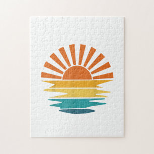 Retro Sunset Rays Wavy Vintage Retro Sunshine Sun Jigsaw Puzzle