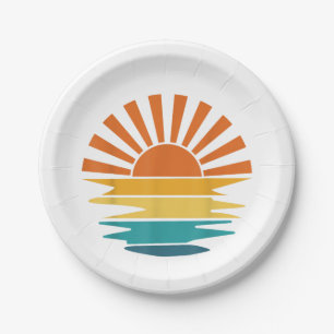 Retro Sunset Rays Wavy Vintage Retro Sunshine Sun  Paper Plate
