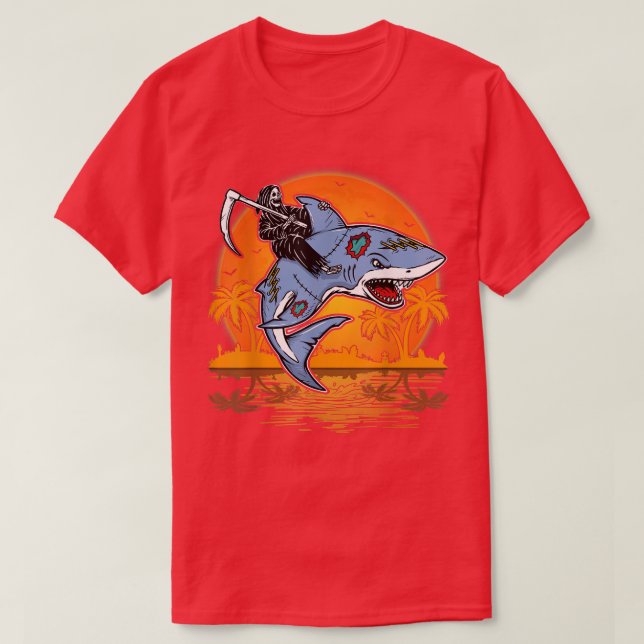 Retro Sunset Reaper Riding Shark Halloween Costume T-Shirt (Design Front)