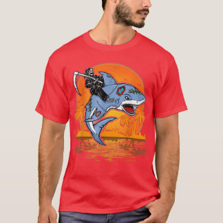 Retro Sunset Reaper Riding Shark Halloween Costume T-Shirt