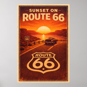 Retro Sunset Route 66 Vintage Travel Painting Poster