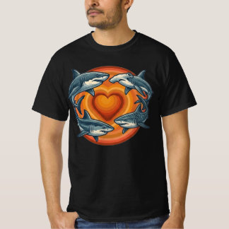 Retro Sunset Shark Squad Heart Circle Art T-Shirt