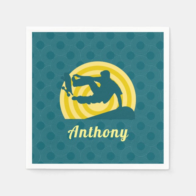 Retro Sunset Skateboarding Theme Custom Name Party Napkin (Front)