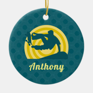 Retro Sunset Skateboarding Theme Custom Name Teal Ceramic Ornament