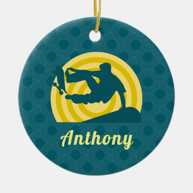 Retro Sunset Skateboarding Theme Custom Name Teal  Ceramic Ornament (Front)