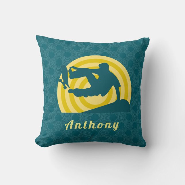 Retro Sunset Skateboarding Theme Custom Name Teal  Cushion (Front)