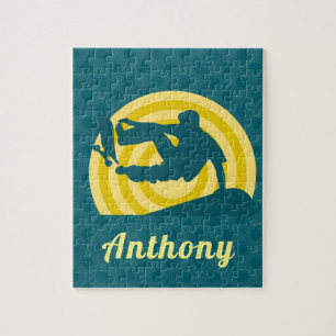 Retro Sunset Skateboarding Theme Custom Name Teal  Jigsaw Puzzle