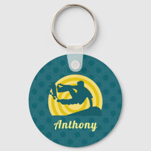 Retro Sunset Skateboarding Theme Custom Name Teal  Key Ring