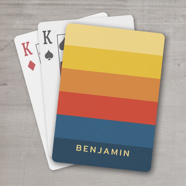 Retro Sunset Stripes with Simple Sans Serif Name Playing Cards (Personalized Playing Cards - add your photos and text  - retro sunset stripes)