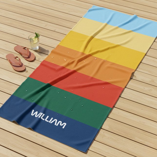 Retro Sunset Stripes with Simple Space Bold Name Beach Towel (Creator Uploaded)