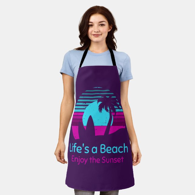 Retro Sunset Surfboard Palm Tree Life's a Beach Apron (Worn)