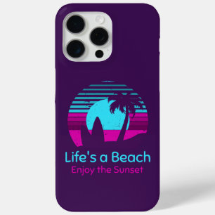 Retro Sunset Surfboard Palm Tree Life's a Beach iPhone 15 Pro Max Case