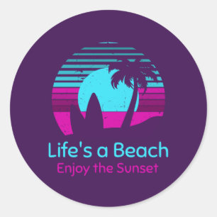 Retro Sunset Surfboard Palm Tree Life's a Beach Classic Round Sticker