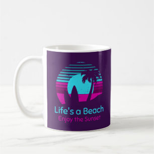 Retro Sunset Surfboard Palm Tree Life's a Beach Coffee Mug