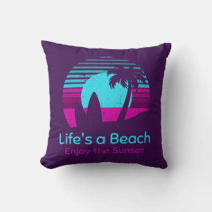 Retro Sunset Surfboard Palm Tree Life's a Beach Cushion