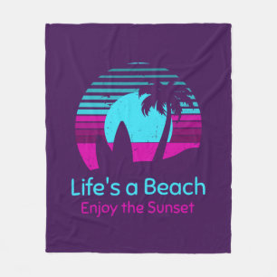 Retro Sunset Surfboard Palm Tree Life's a Beach Fleece Blanket