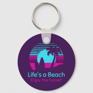 Retro Sunset Surfboard Palm Tree Life's a Beach Key Ring